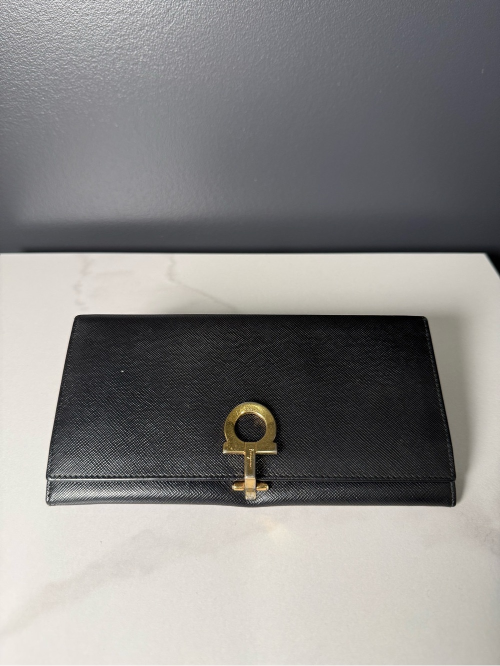 Salvatore Ferragamo Black Leather Wallet with Gold Gancini Hardware
